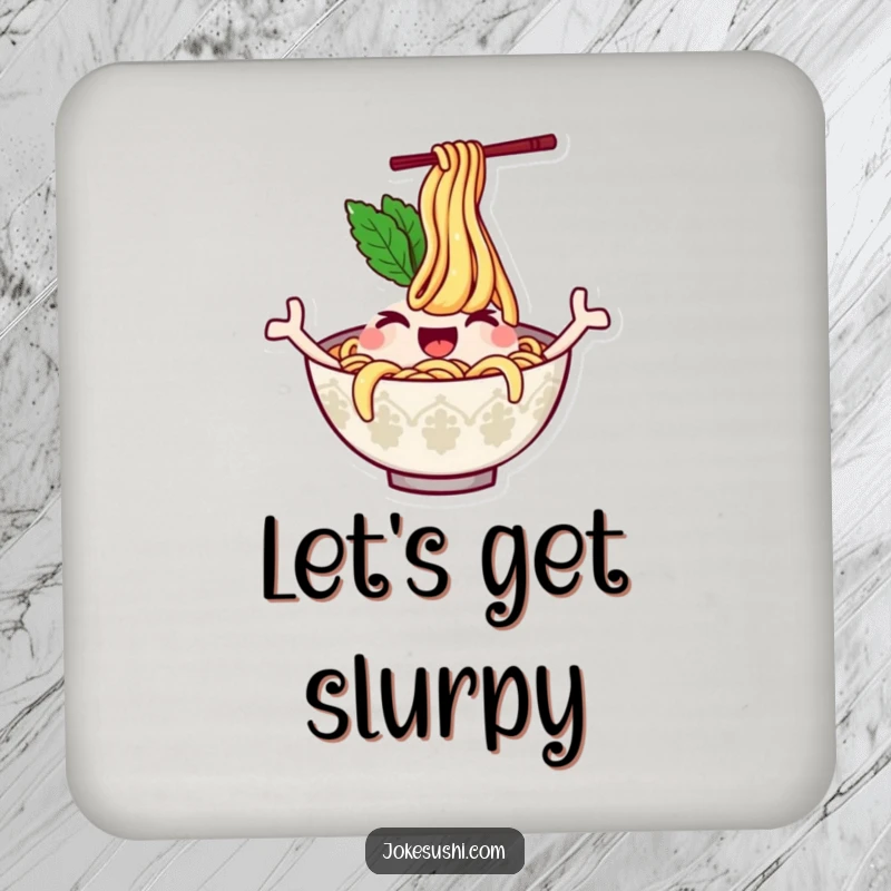 Funny drink coaster featuring a winking ramen bowl character with noodles waving like arms, adding a playful and protective element to any table.