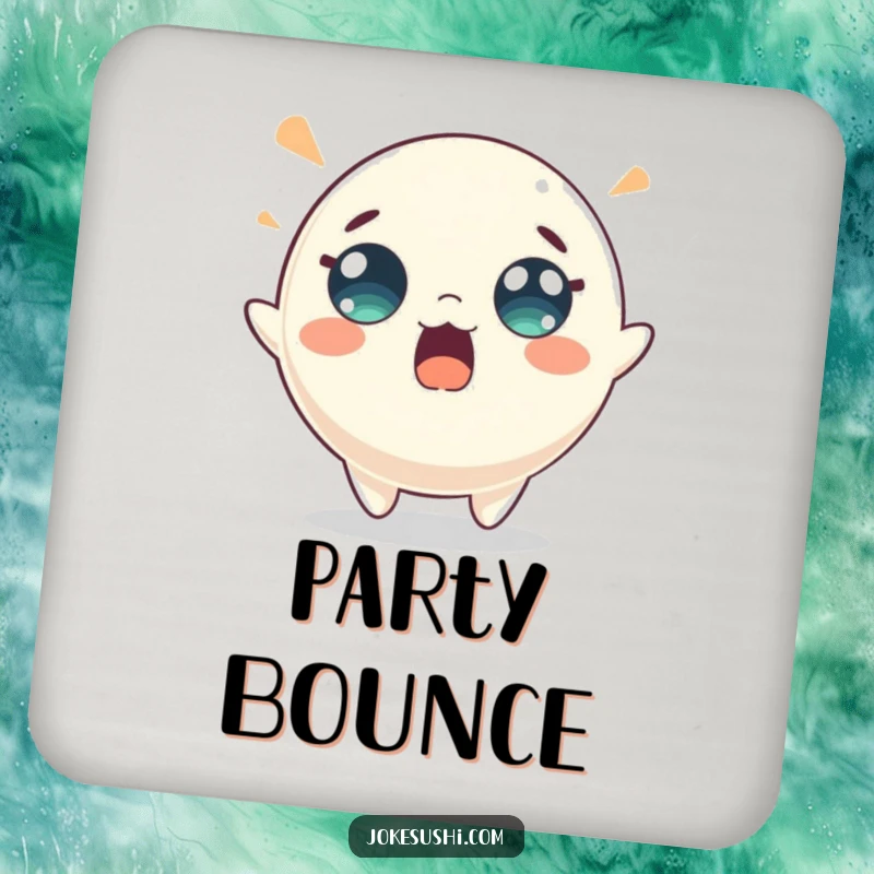 Funny mochi coaster featuring a surprised character energetically bouncing, adding spirited charm and surface protection. A cute and practical item.