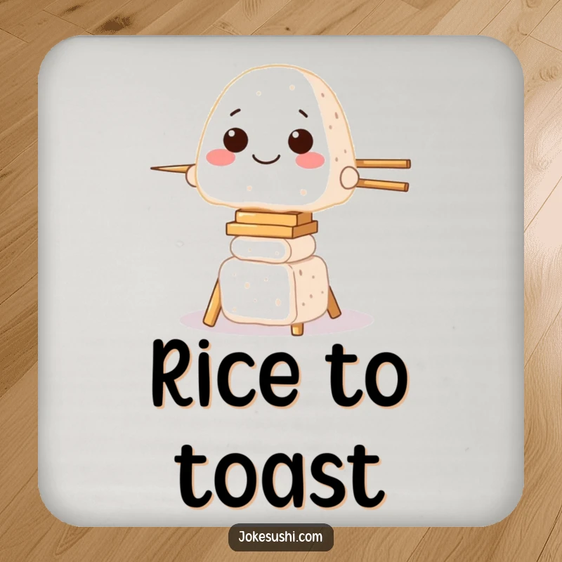 Funny drink coasters with a grinning onigiri character balancing on chopsticks, adding humor to your table.