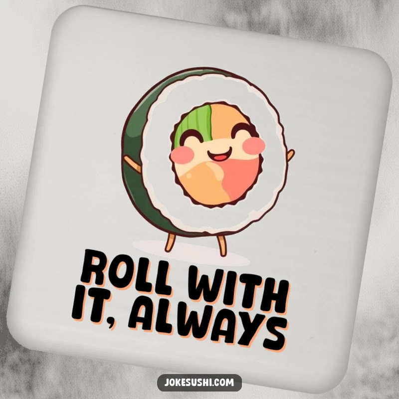 Funny Sushi Roll Coaster: A smiling sushi roll with two small legs performs a cartwheel, bringing humorous protection to surfaces.