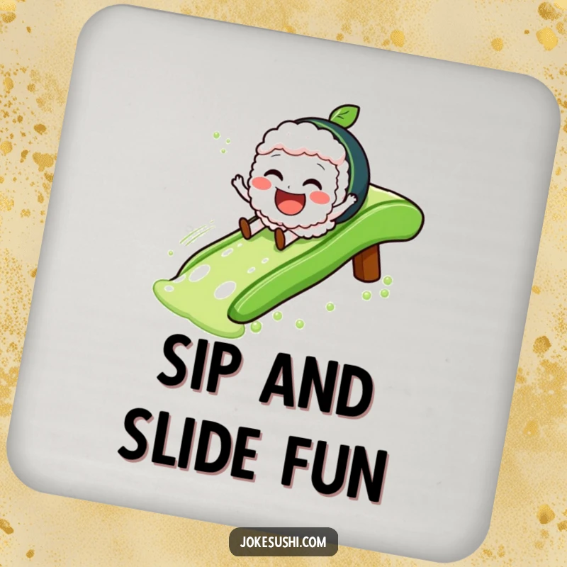 Funny Drink Coasters showcasing a sushi character sliding with glee down a green tea slide, ideal for table protection.
