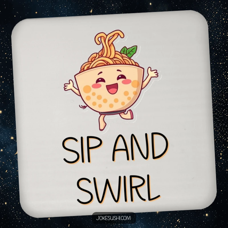 Funny drink coasters with a cheerful ramen bowl character dancing energetically, noodles swirling joyfully, offering vibrant surface protection.