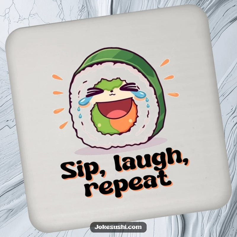 Funny drink coasters with a sushi roll character laughing heartily, tears streaming from its eyes, offering humorous surface protection.