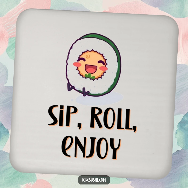 Funny drink coaster with a smiling sushi roll character with tiny legs rolling downhill, protecting surfaces with humorous food charm.