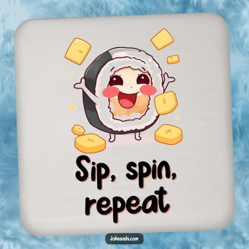 Funny drink coaster with a cheerful sushi roll character juggling pickled ginger, protecting surfaces with food-themed fun.