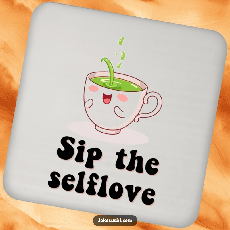 Funny drink coaster with a giggling tea cup character spilling green tea on itself, protecting surfaces with whimsical charm.