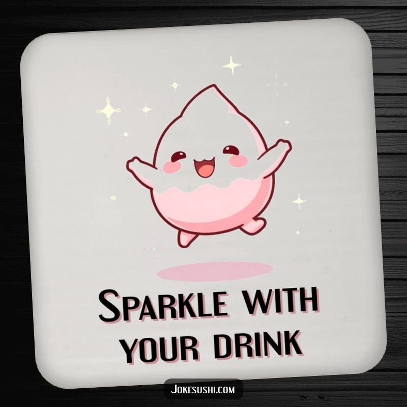Funny drink coaster depicting a playful mochi character bouncing gleefully with a trail of sparkling dust, protecting surfaces with humor.