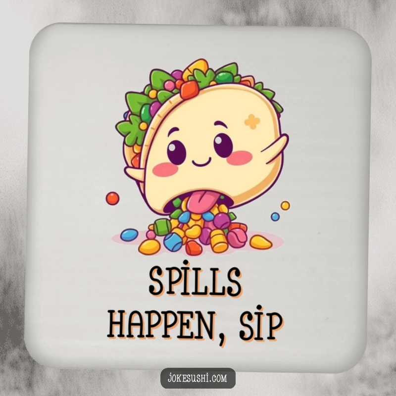 Funny drink coasters with a kawaii taco character playfully tripping, spilling colorful fillings with a surprised grin, offering fun surface protection.