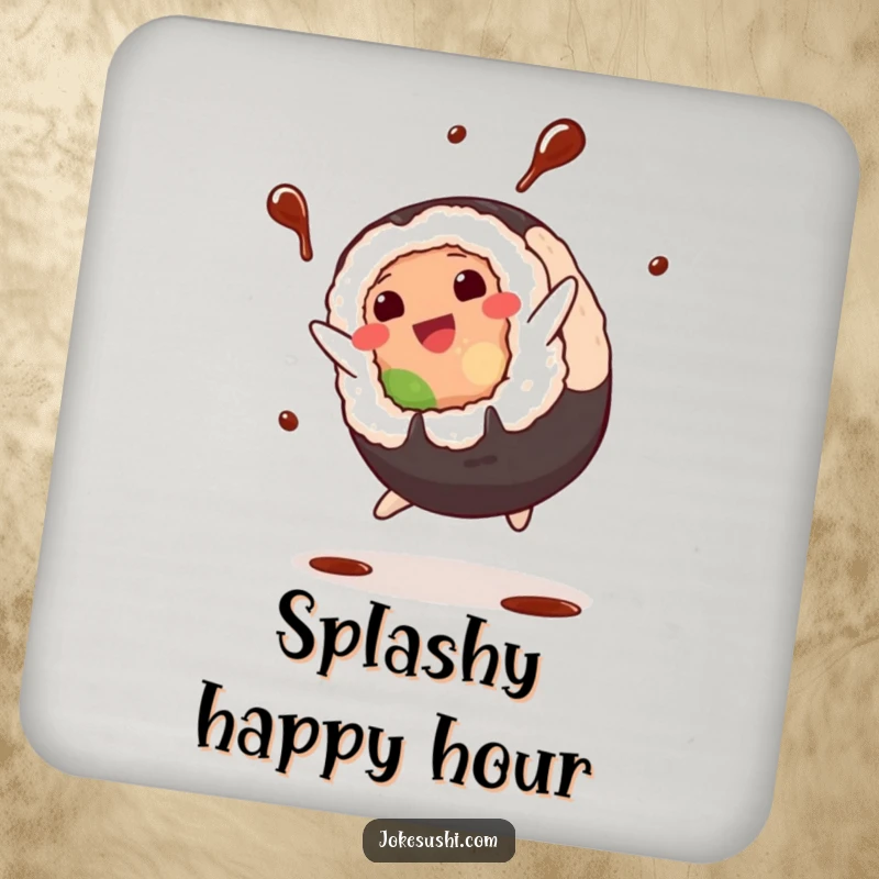 Funny Coaster: Plump sushi roll character doing a cartwheel with soy sauce splashing, protects surfaces with humor and style.