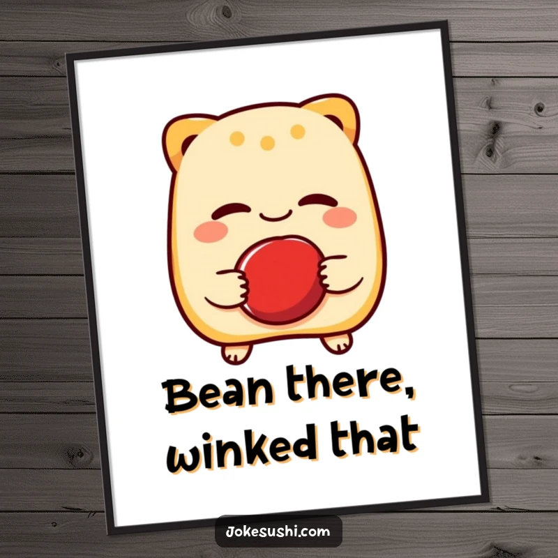 Funny poster depicting a cheerful taiyaki character winking while holding a red bean, evoking sweetness and lighthearted humor.