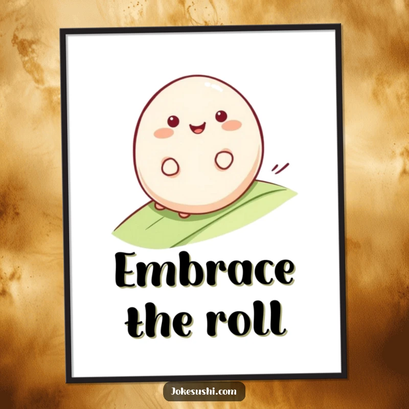 Funny Mochi Poster: Smiling mochi character rolling happily down a gentle slope, a vibrant and humorous piece bringing smooth cheer.