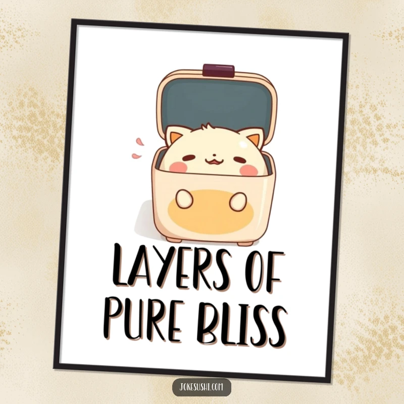 Funny Poster of a bento box character making a delighted gasp as its lid is opened, ideal for kitchen decor.