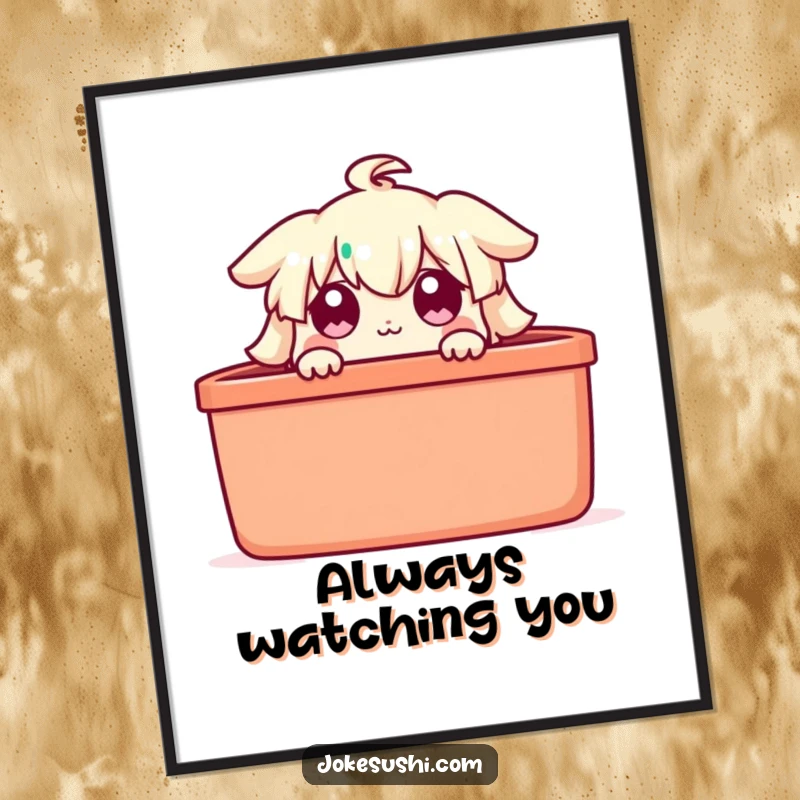 Funny bento box poster, a character peeking with wide eyes from its lid, bringing humorous and curious wall art.