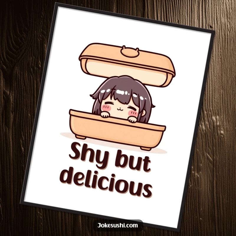 Funny poster showing a blushing bento box character peeking out from under its lid, perfect for cute decor.
