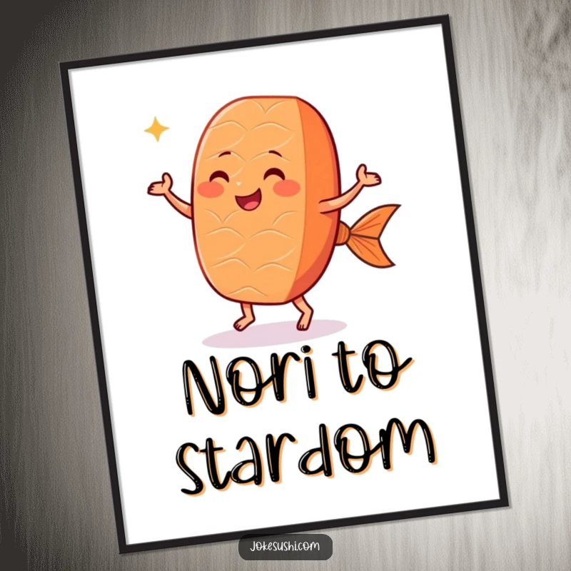 Funny salmon nigiri poster showing a happy sushi character with little feet dancing joyfully, a vibrant piece of wall art.