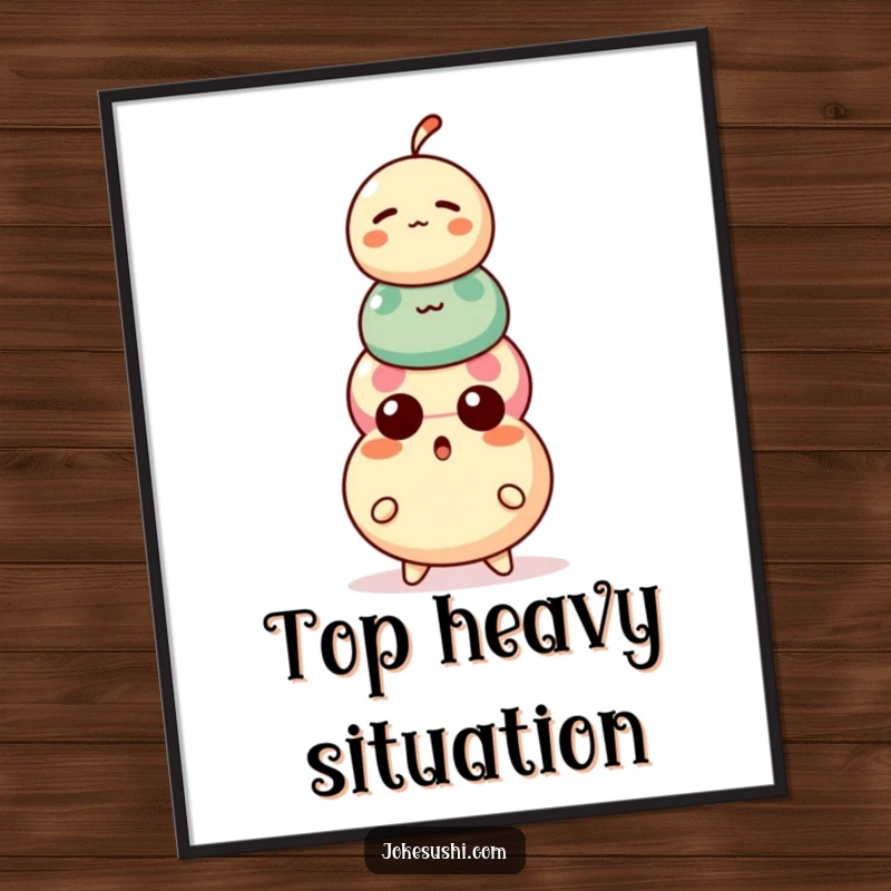 Funny Dango Poster: A surprised dango character with wide eyes on a precariously stacked three-ball treat, playful art.