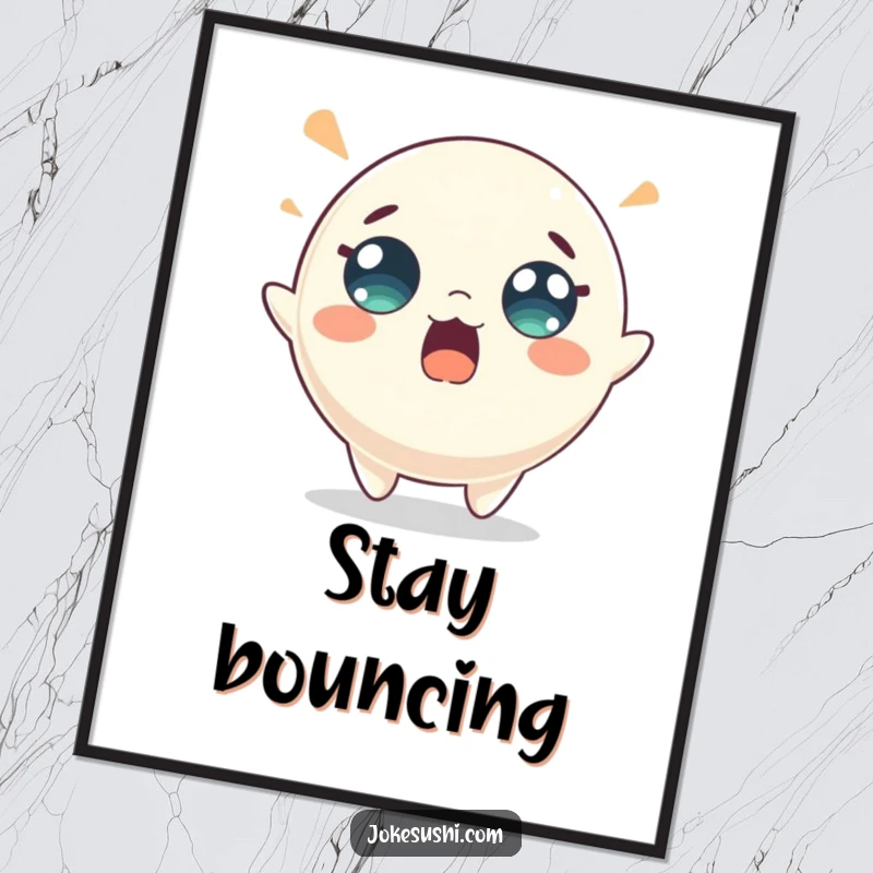 Funny mochi poster art of a surprised character with wide eyes, energetically bouncing. Adds vibrant energy and humor to decor.