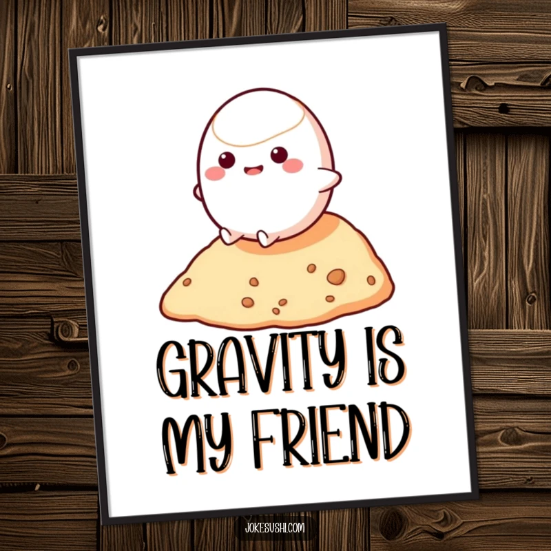 Funny poster depicting a bouncy mochi character joyfully rolling down a small hill, evoking pure fun and lighthearted humor.