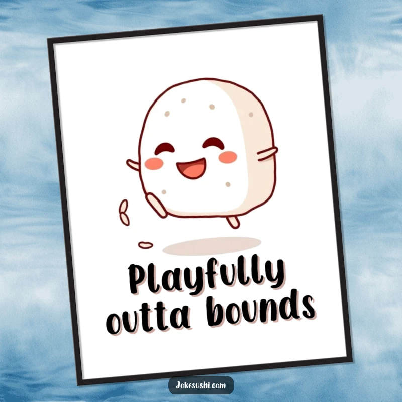 Funny poster showcasing a grinning onigiri character playfully kicking a rice grain, adding a touch of Japanese food humor.