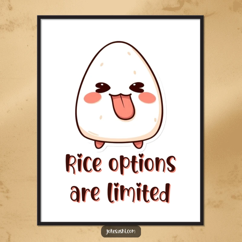Funny onigiri poster art featuring a mischievous rice ball character sticking its tongue out playfully, adding a humorous touch to any wall.