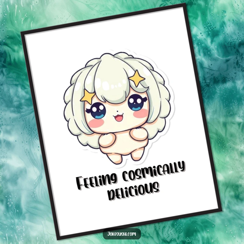 Funny poster art of a crispy tempura piece character with large, bright starry eyes, expressing pure delight and culinary ecstasy.