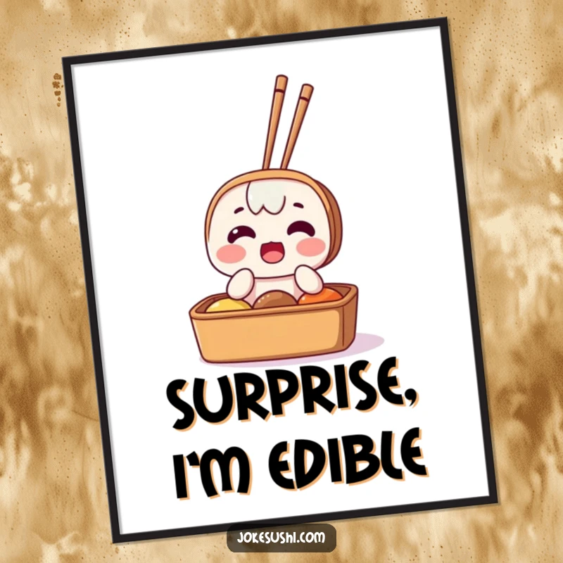 Funny poster featuring a bento box character with a startled expression and chopsticks stuck in it, evoking a humorous surprise.