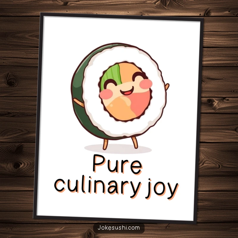 Funny Sushi Roll Poster: A smiling sushi roll with two small legs is captured mid-cartwheel, creating a dynamic and humorous wall art.