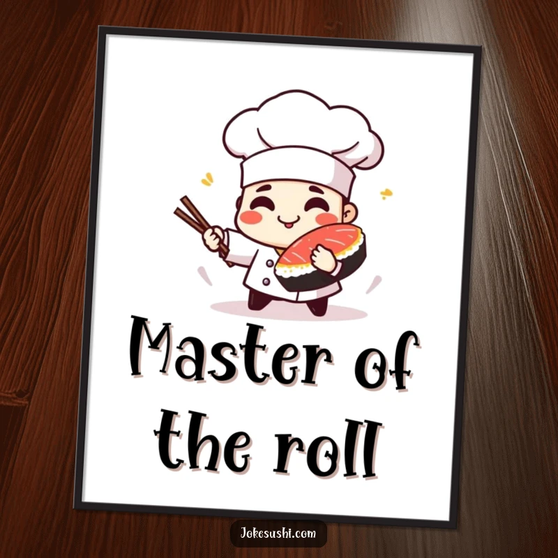 Funny poster of a playful sushi chef character spinning a piece of tuna, adding artistic flair.