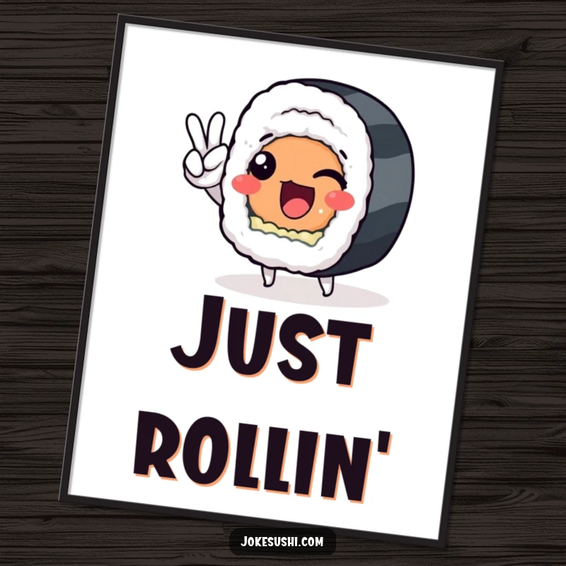 Funny sushi roll artwork with a peace sign, a cheerful wall poster designed to bring humor and joy.