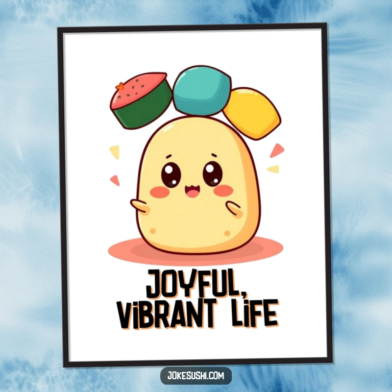 Funny Tamagoyaki Poster: A cheerful tamagoyaki with wide eyes juggles three colorful roe balls, creating a dynamic and humorous wall art.