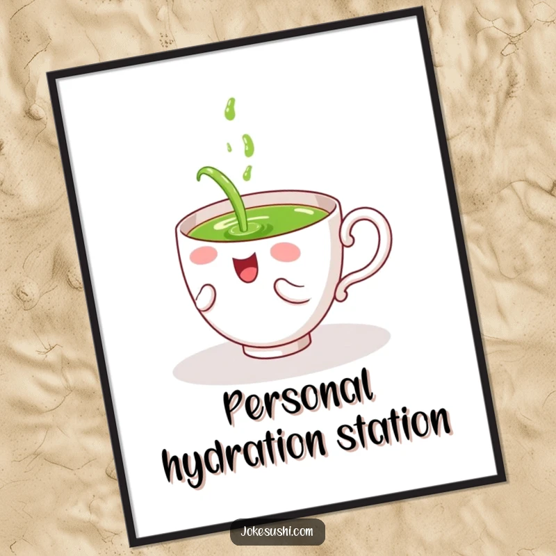 Funny poster showing a giggling tea cup character joyfully pouring green tea onto itself, bringing whimsical humor to decor.