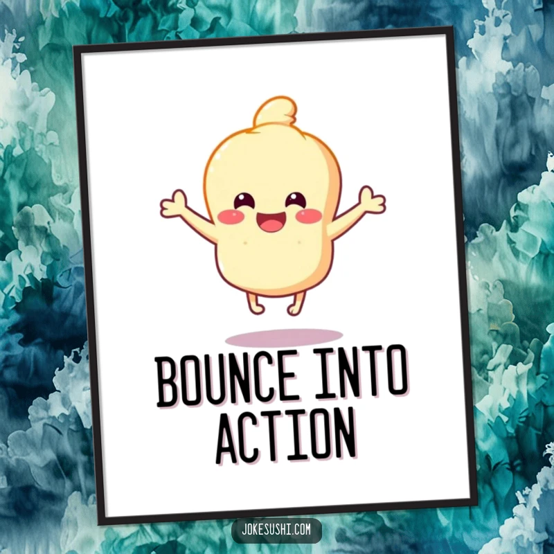 Funny Tempura Poster: Happy tempura character bouncing with joy on tiny legs, a vibrant and humorous piece bringing cheer to any space.