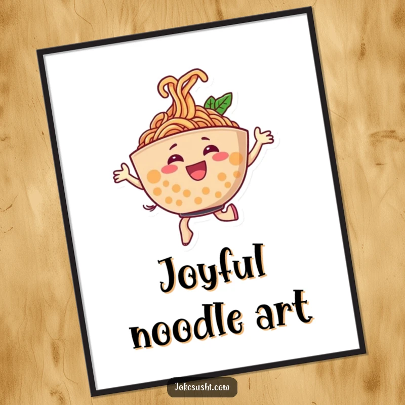 Funny poster art of a cheerful ramen bowl character dancing energetically, noodles swirling in a joyful pattern, ideal for vibrant decor.