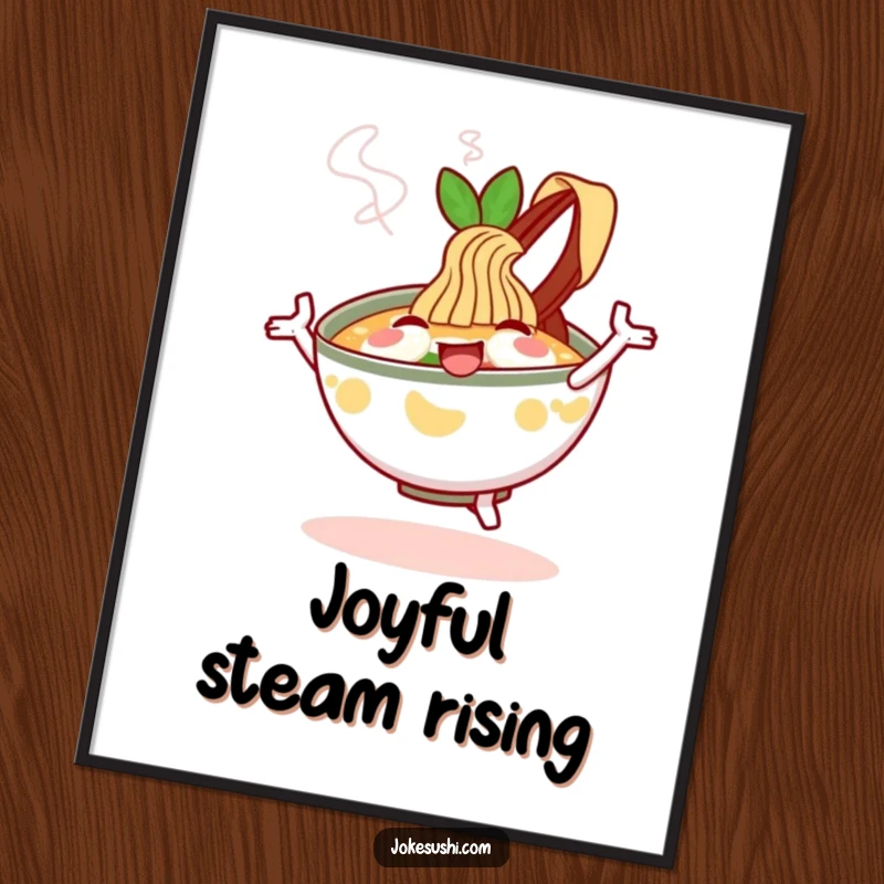 Funny Poster: A happy ramen bowl character dancing with steam rising, a comforting and fun foodie artwork.