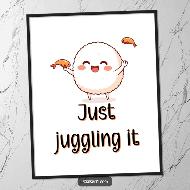 Funny rice ball poster showcasing a smiling character juggling shrimp, adding humorous art to any room.