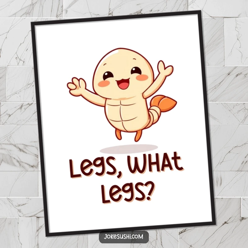 Funny tempura shrimp poster print depicting a joyful character enthusiastically waving its legs, adding a humorous and cheerful vibe to any wall.