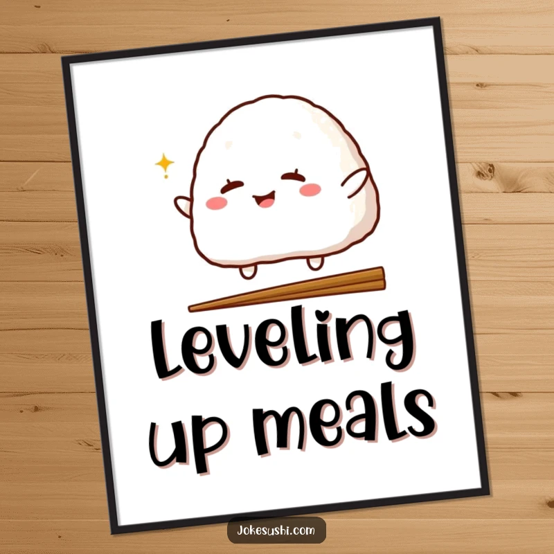 Funny poster featuring a winking onigiri character jumping over a chopstick, bringing a sense of playful movement and lighthearted, edible art.
