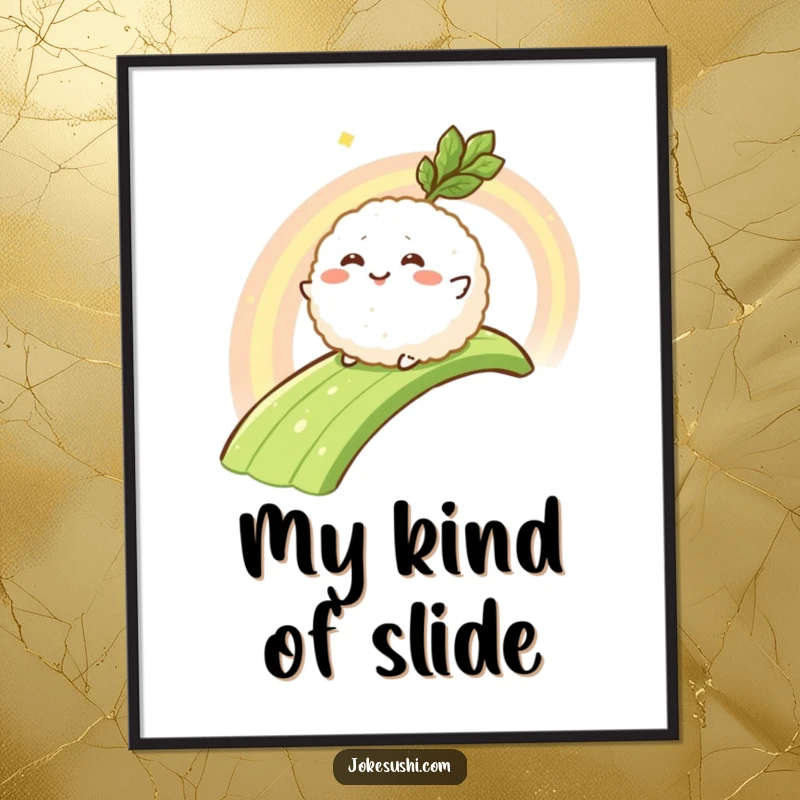 Funny poster illustrating a smiling rice ball character sliding down a vivid wasabi rainbow, bringing zest and joy to wall decor.