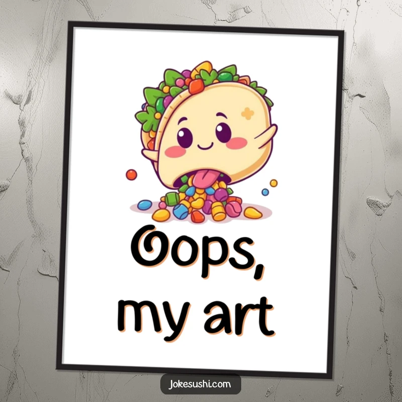 Funny poster art of a kawaii taco character playfully tripping, spilling colorful fillings with a surprised grin, ideal for vibrant decor.