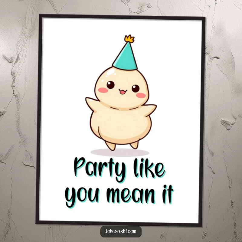 Funny dumpling party poster, a dancing character wearing a party hat, adding a touch of festive humor to decor.