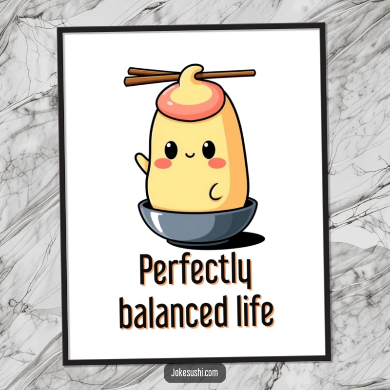 Funny tamagoyaki poster showcasing a cheerful character balancing chopsticks on its head, adding humorous art.