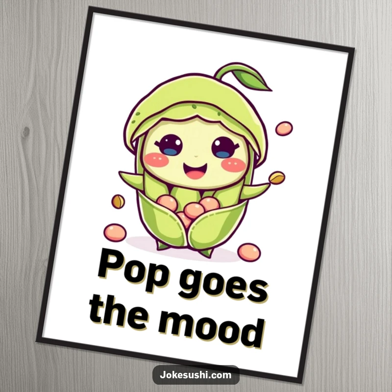 Funny poster art of a happy edamame pod character with its beans playfully popping out, creating a joyful and fresh visual.