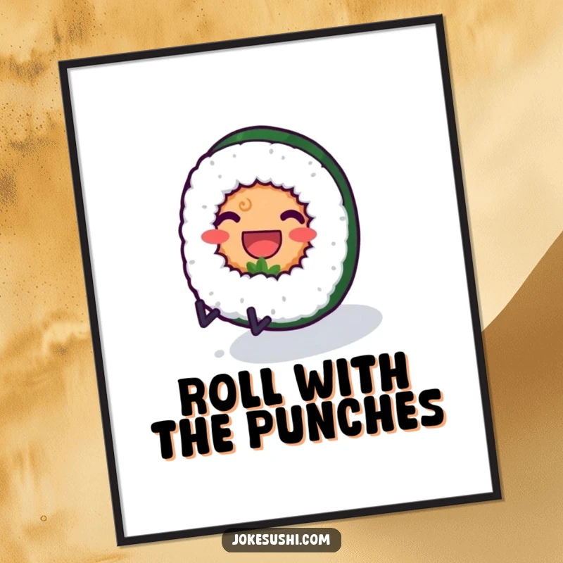 Funny poster of a smiling sushi roll character with tiny legs rolling downhill, bringing humorous food art to any room.