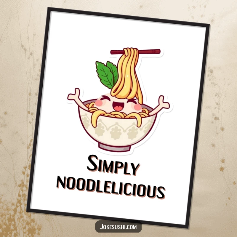 Funny poster featuring a winking ramen bowl character with noodles waving like arms, bringing a sense of playful energy and comforting, edible art.