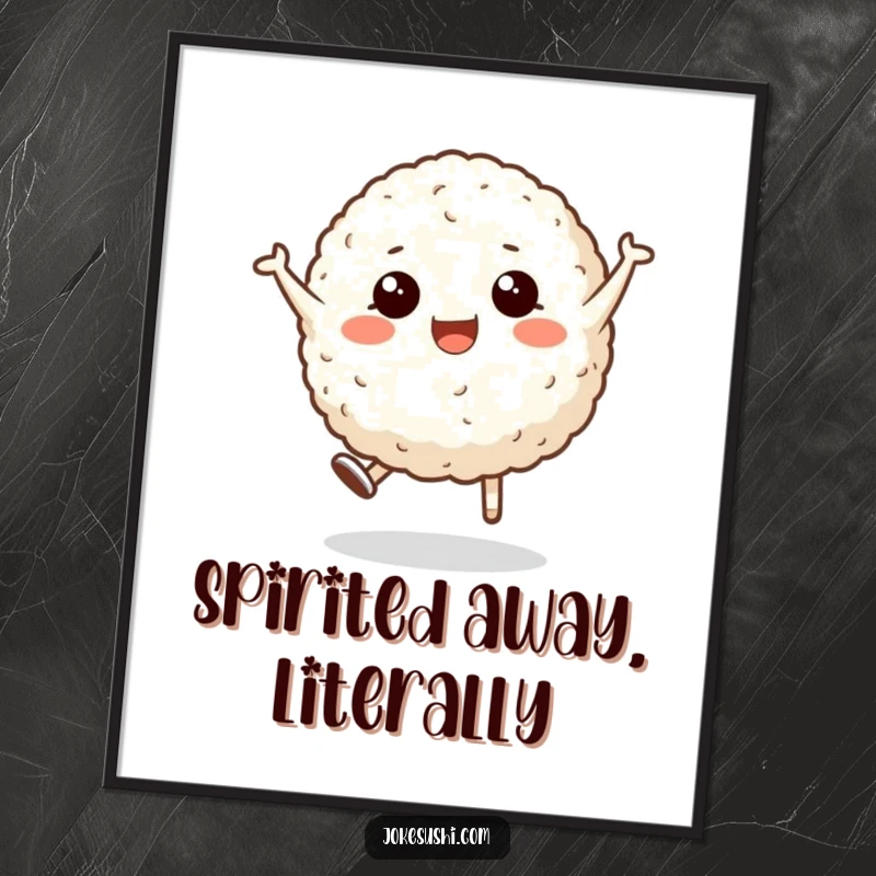 Funny poster showcasing a smiling rice ball character performing a dynamic cartwheel, adding a touch of playful energy and comedic art.