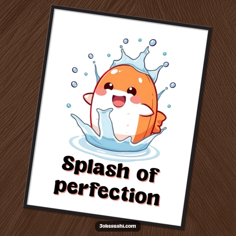 Funny salmon nigiri poster showcasing a delighted character splashing in a water drop, adding humorous art.