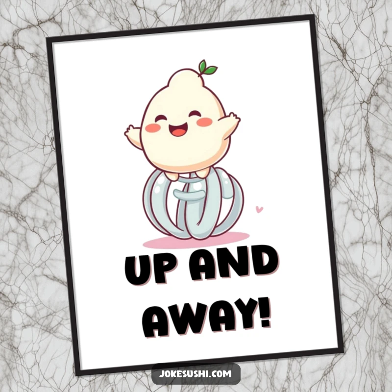 Funny grinning dumpling character bouncing high on a giant spring, a whimsical and humorous poster for vibrant decor.