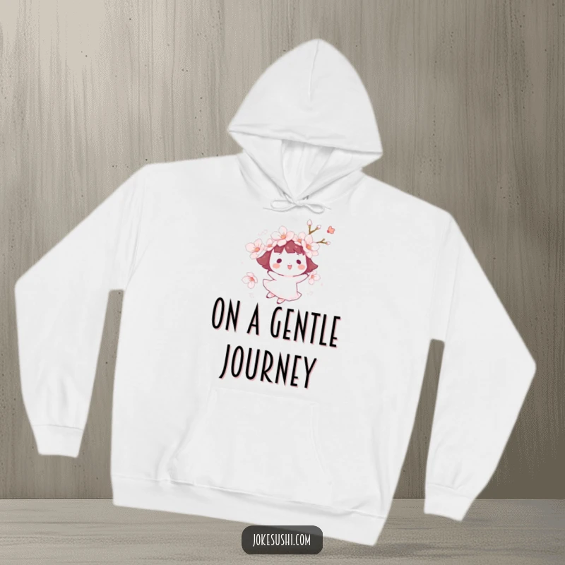 Funny cherry blossom hoodie featuring a character happily floating on a gentle breeze, offering warmth and a sense of whimsical tranquility.