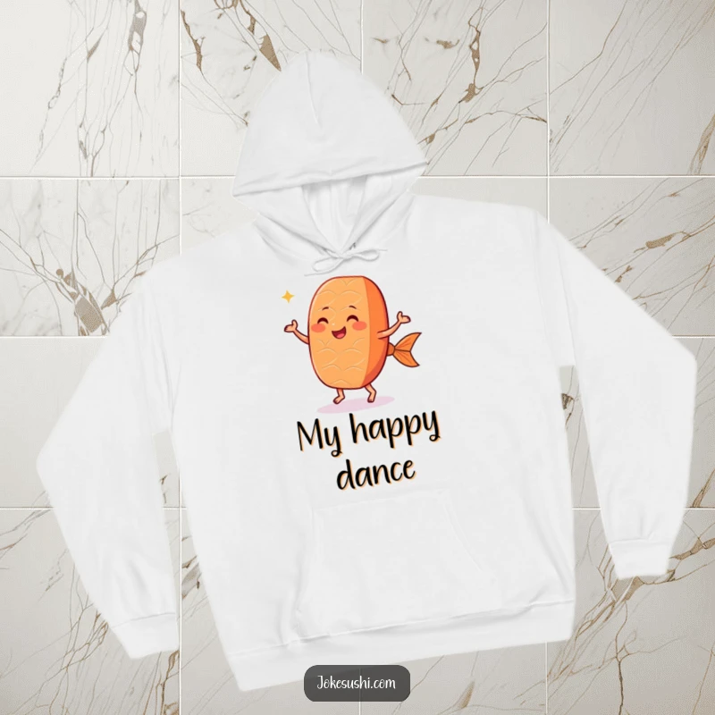 Funny salmon nigiri hoodie featuring a happy sushi piece with tiny feet performing a lively dance, plush and humorous apparel.