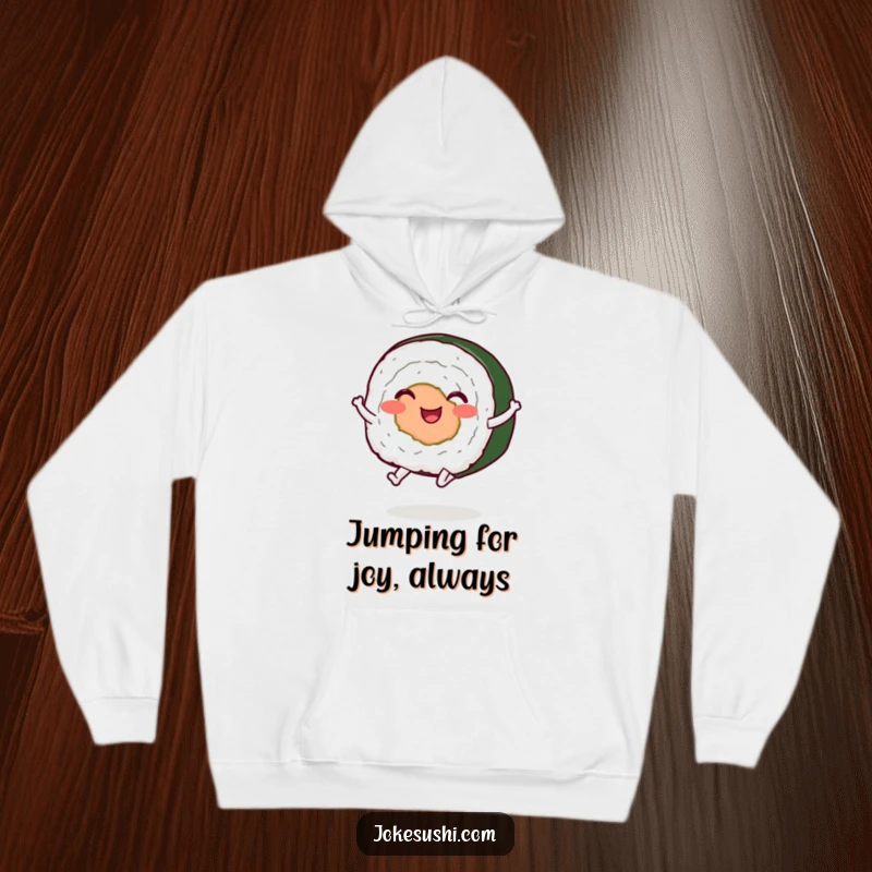 Funny sushi roll hoodie, a happy, leggy character mid-jump, offering warmth and a sense of playful delight.